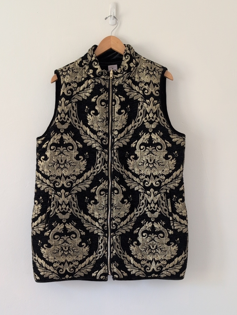 Chico's Reversible Damask Black Gold Quilted Jacquard Long Vest Sz 2 12/14